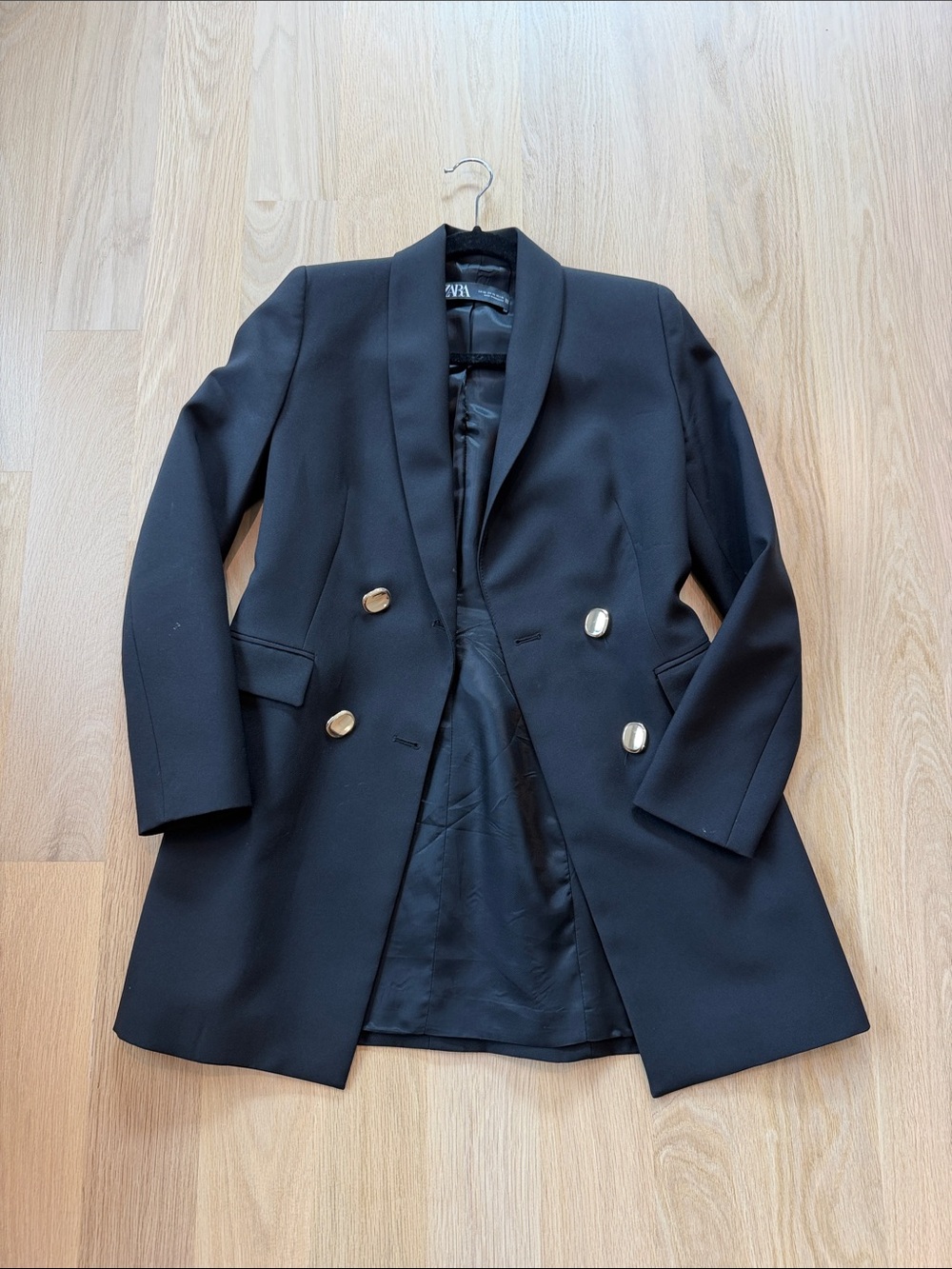 Zara Black Long Double-Breasted Blazer with Gold Buttons